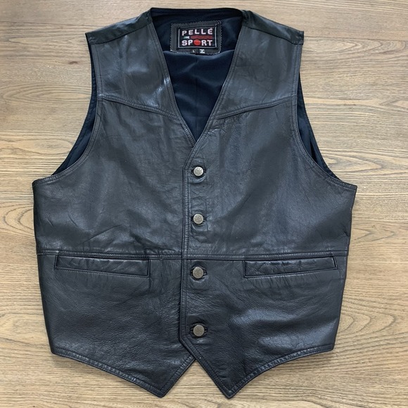 Pelle Other - Vintage Pelle Sport Wyoming Leather Biker Vest Mens L Black Snap Up Waistcoat